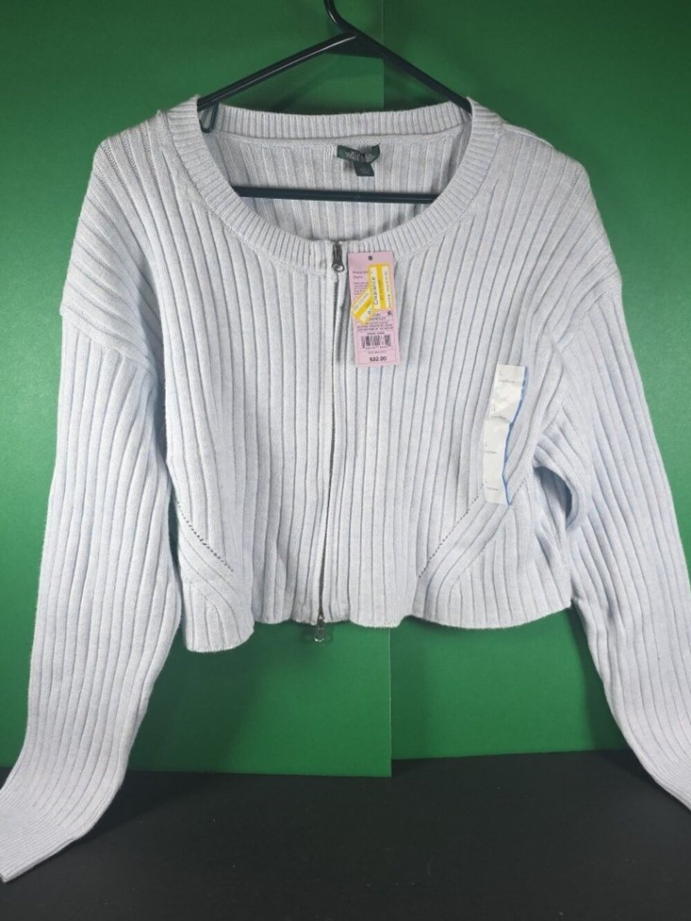 Light Blue Sweater Woman's Crop Style Wild Fable Ribbed Knit Full Zip Large